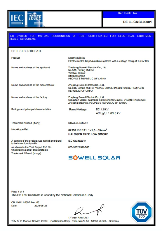 SOWELLSOLARi fotogalvaanilised kaablid saavad TÜV SÜD IECEE-CB sertifikaadi tunnustuse